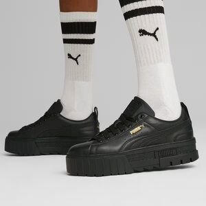 Puma Mayze Platform Sneakers Black‎ Classic Wedge Low Boot Leather Logo Size 9